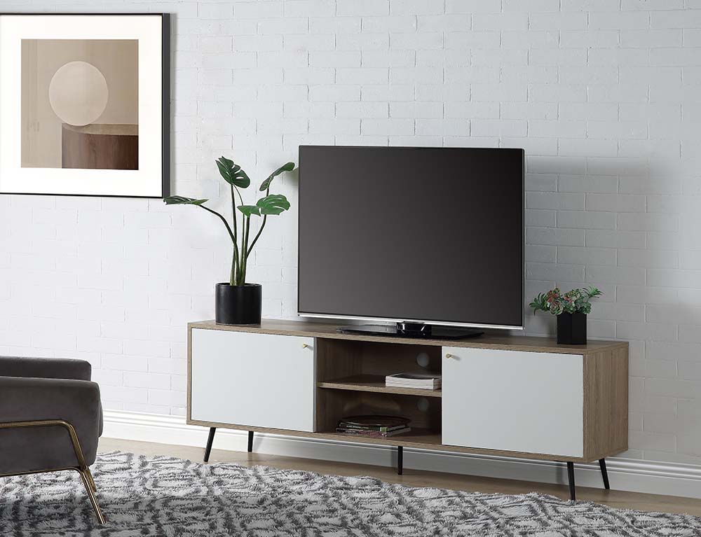 ACME Wafiya - TV Stand - Rustic Oak, White & Black Finish | Meri Furniture