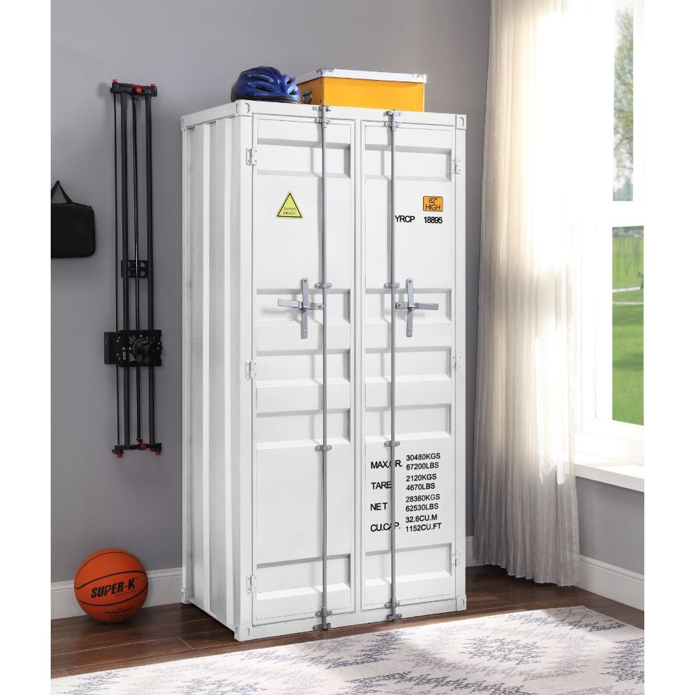 ACME The Cargo Wardrobe is an excellent addition for storage in any bedroom, garage, or even in an off-site storage unit. This functional piece is created from iron metal and includes two front doors with a rod for hanging clothes and five open compartmen