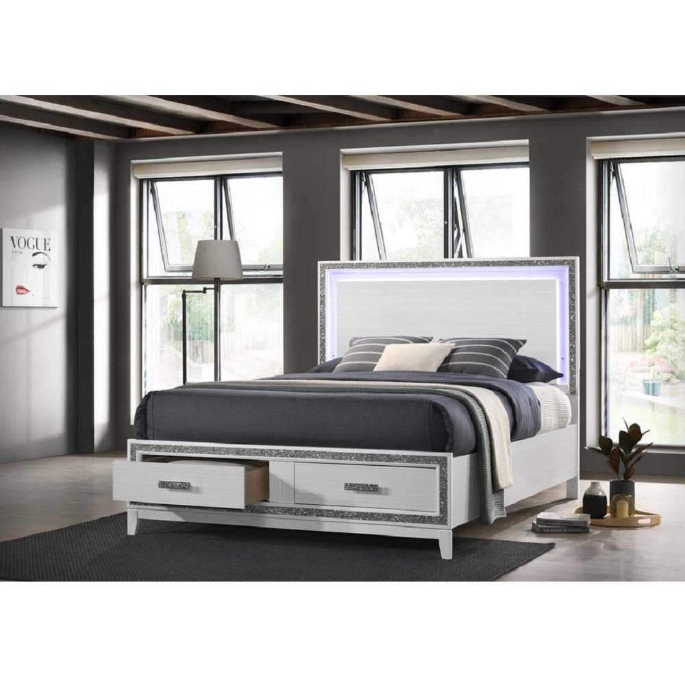 ACME Box Spring Required Panel Headboard w/LED Shimmering Silver Trim Accent Storage Footboard | Meri Furniture