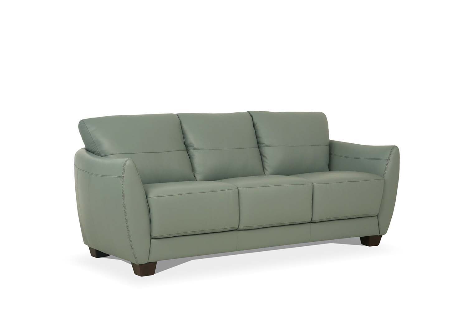 ACME The Valeria sofa set is one you’ll want to spend lots of time in. This beautiful leather sofa features same tone stitching and unique wood block legs. | Meri Furniture