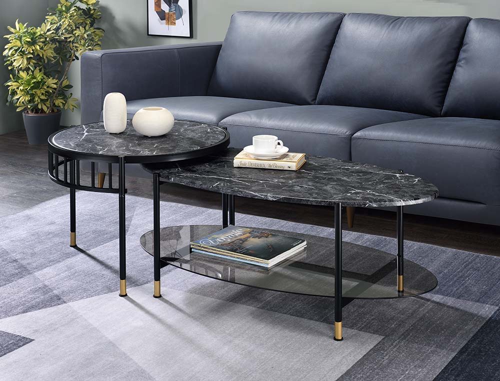 ACME Silas - Coffee Table - Faux Marble Top & Black Finish | Meri Furniture