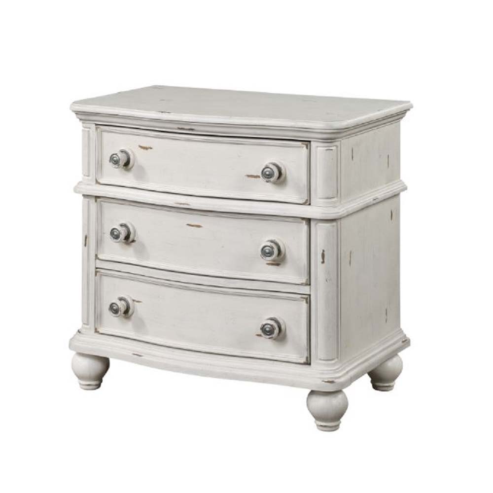 ACME Jaqueline - Nightstand - Light Gray Linen & Antique White Finish | Meri Furniture