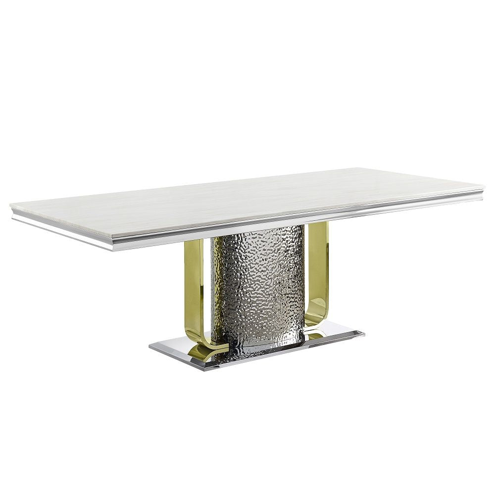 ACME Fadri - Dining Table With Engineering Stone Top & Pedestal Base - Mirrored Silver & Gold | Meri Furniture