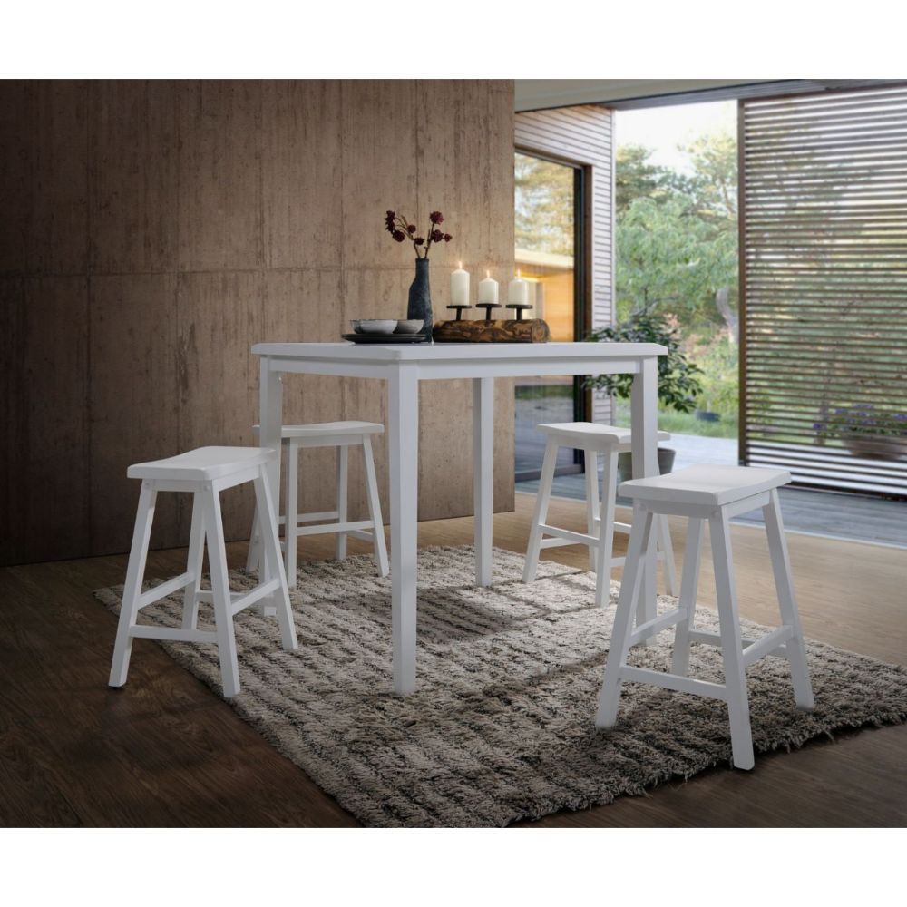 ACME The Gaucho Counter Height Dining Set offers simplicity with a versatility perfect for any small dining space. This set boasts an space saving design, square leg table and four matching saddle style stools. The Table features a Solid Top and square le