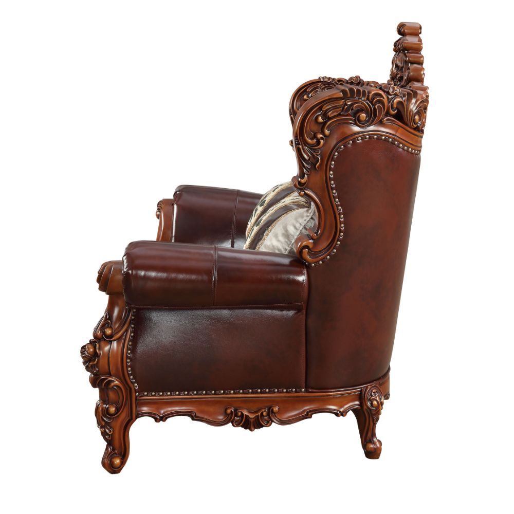 ACME Eustoma - Loveseat - Cherry Top Grain Leather Match & Walnut | Meri Furniture