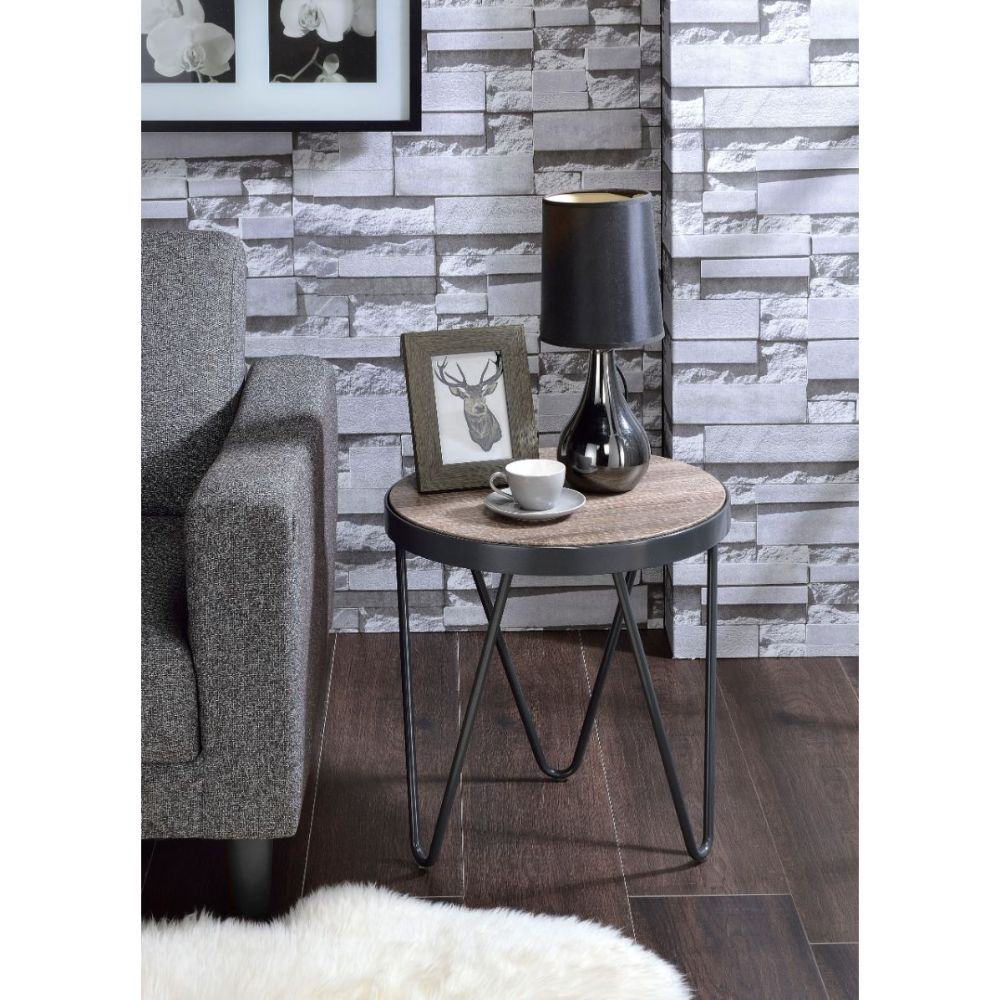ACME The Bage occasional collection express your hipness with stylish industrial inspired design, its top is the perfect match for your living room space. Its banded edge gives it a solid look setting on the 3 "V" dark metal legs. | Meri Furniture
