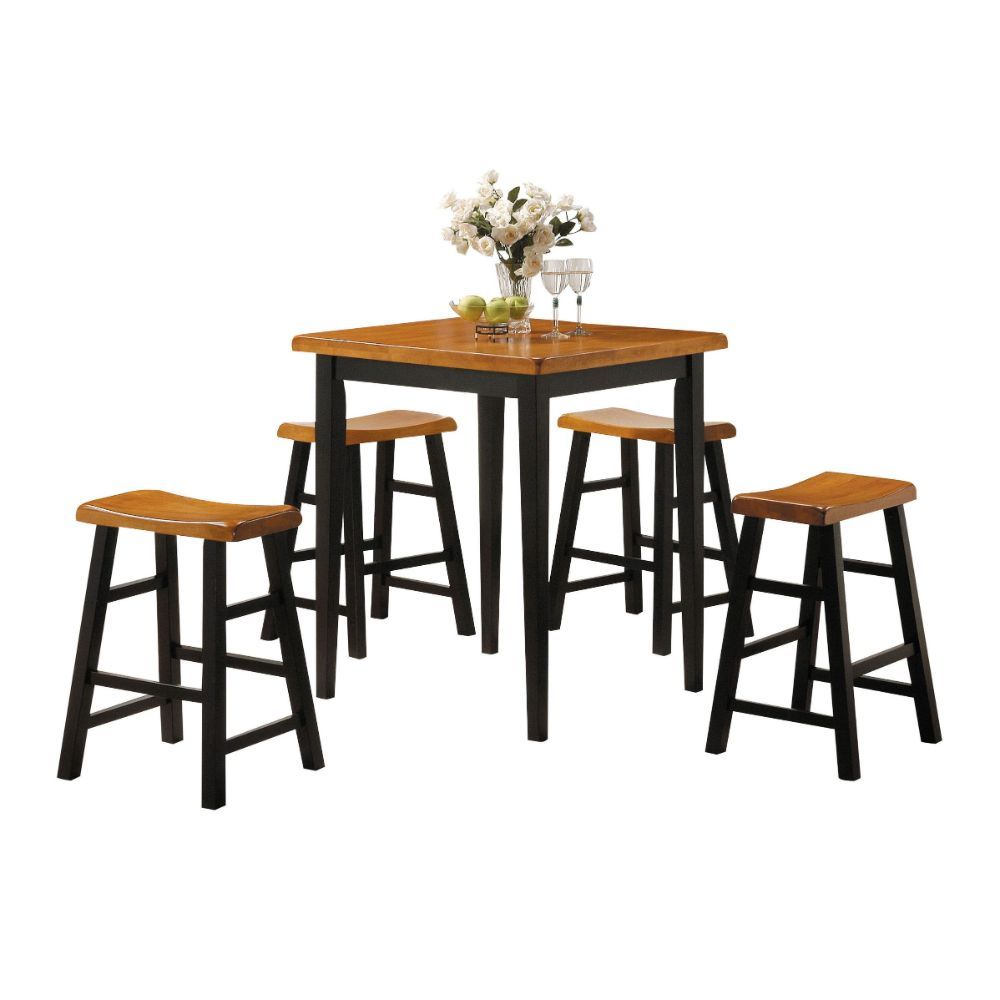 ACME The Gaucho Counter Height Dining Set offers simplicity with a versatility perfect for any small dining space. This set boasts an space saving design, square leg table and four matching saddle style stools. The Table features a Solid Top and square le