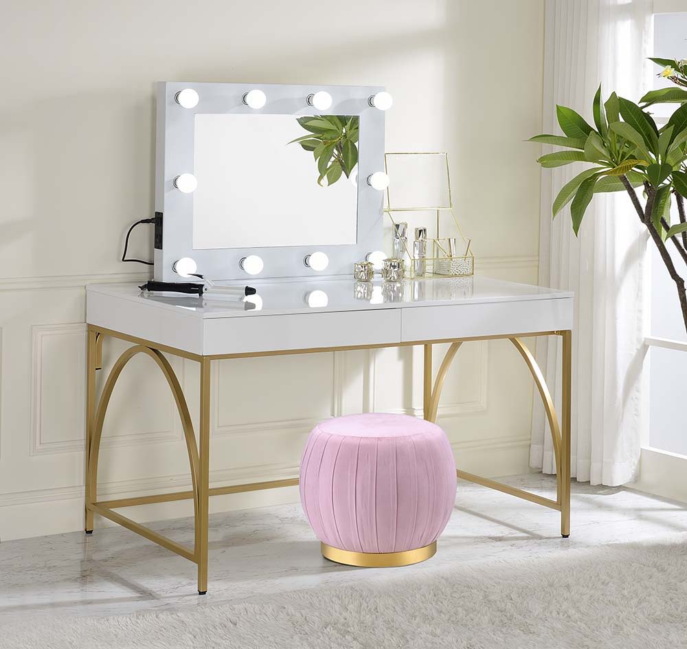 ACME Lightmane - Vanity Desk - White High Gloss & Gold Finish | Meri Furniture