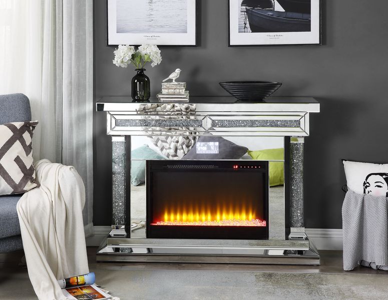 ACME Noralie - Fireplace - Mirrored & Faux Diamonds - Wood - 36" | Meri Furniture
