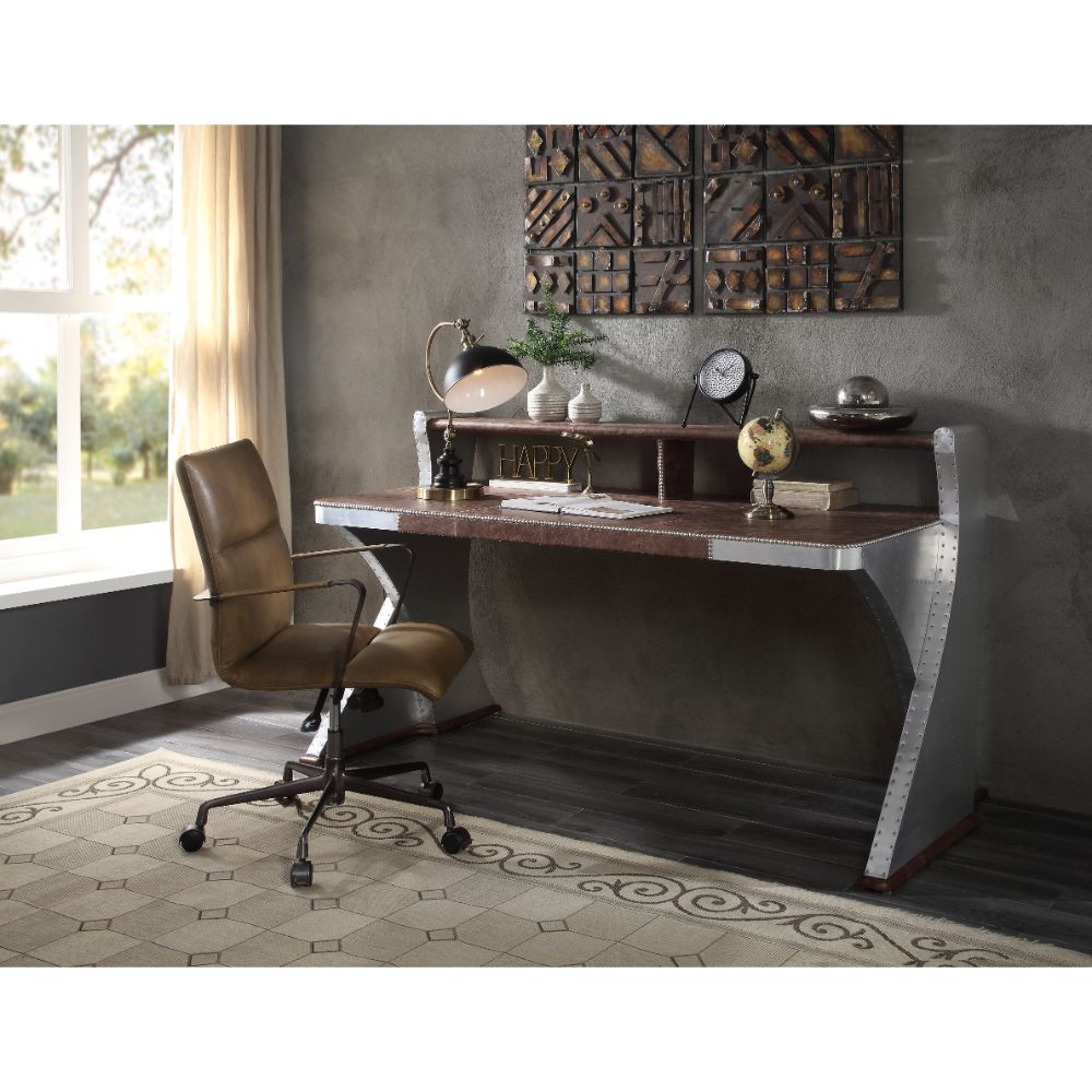 ACME Brancaster - Desk - Retro Brown Top Grain Leather & Aluminum | Meri Furniture