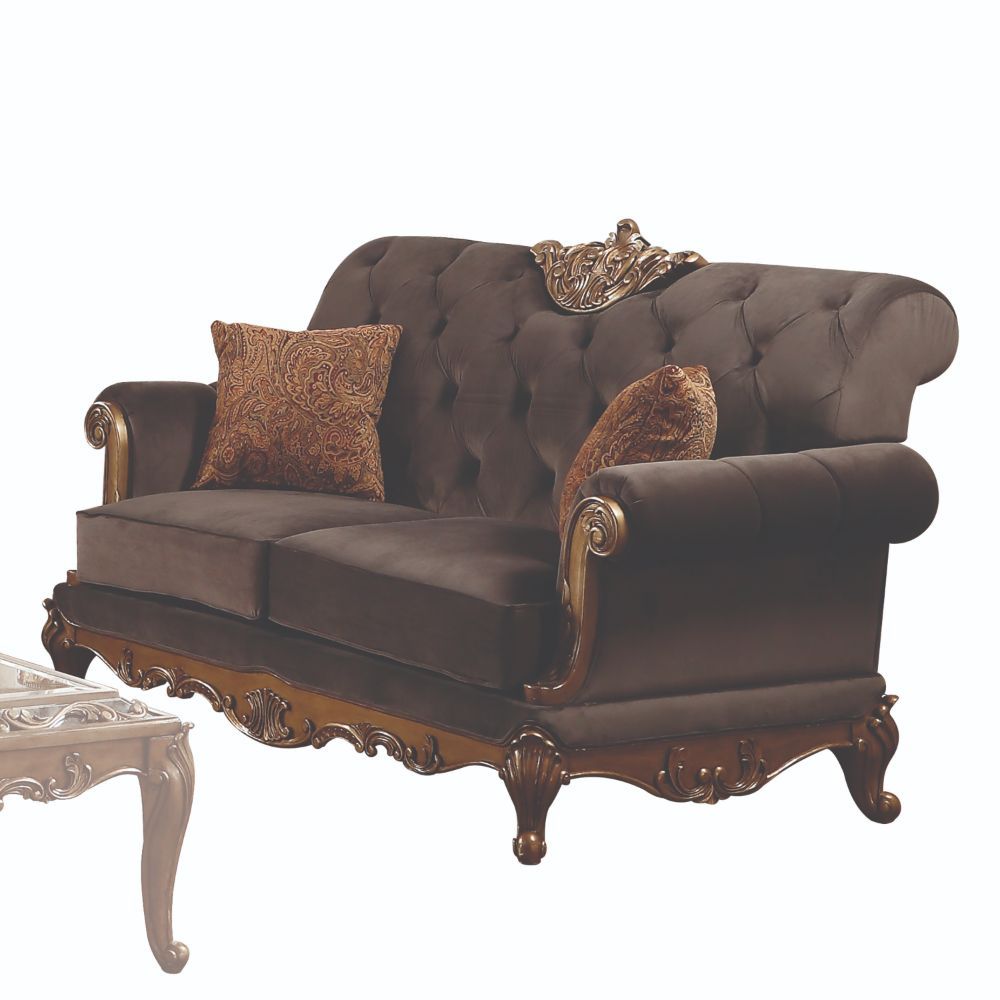 ACME Orianne - Loveseat - Charcoal Fabric & Antique Gold | Meri Furniture