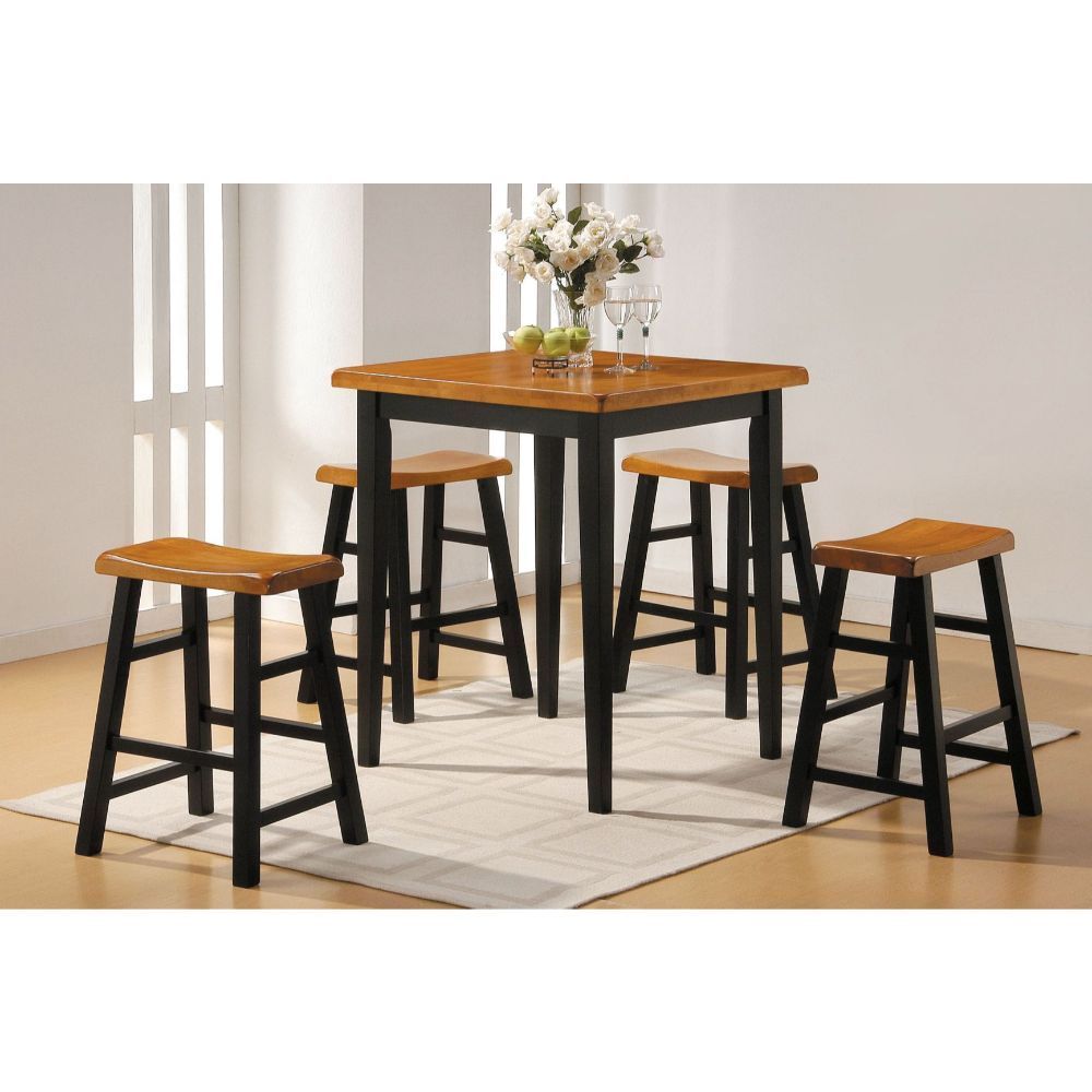 ACME The Gaucho Counter Height Dining Set offers simplicity with a versatility perfect for any small dining space. This set boasts an space saving design, square leg table and four matching saddle style stools. The Table features a Solid Top and square le