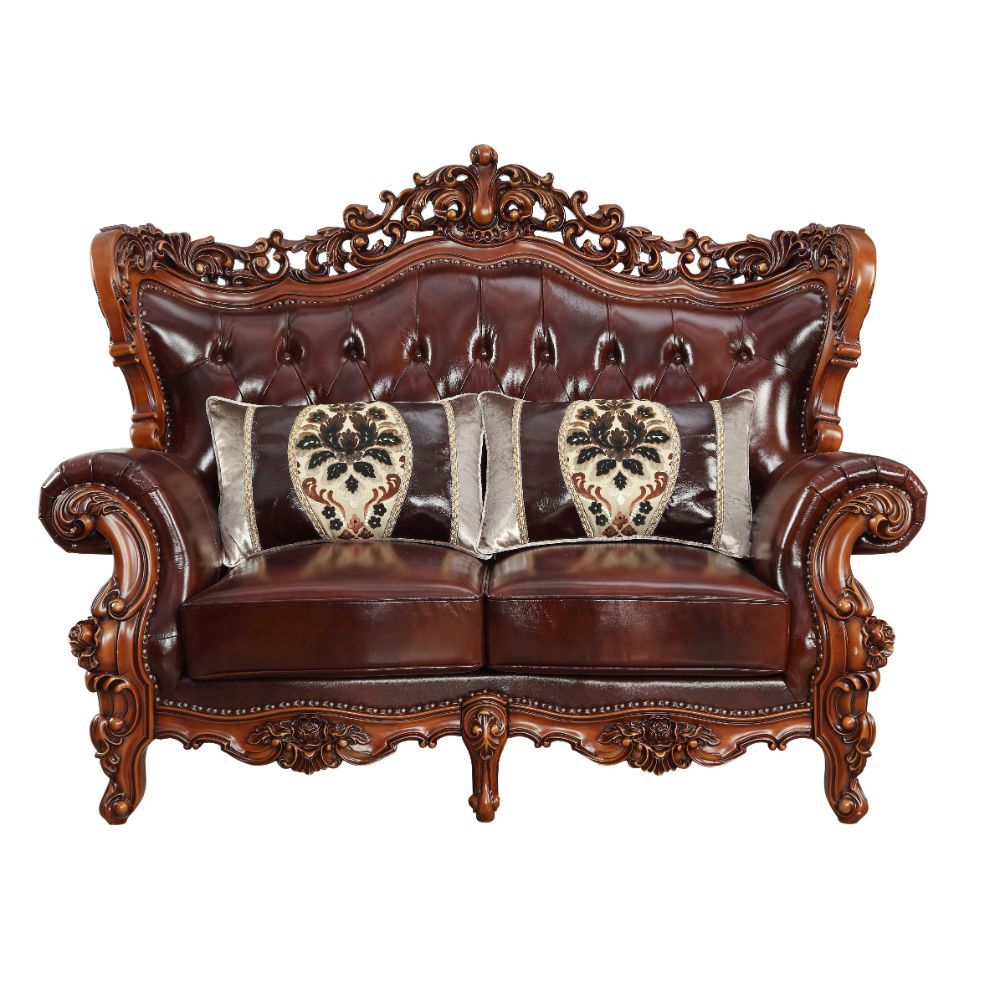 ACME Eustoma - Loveseat - Cherry Top Grain Leather Match & Walnut | Meri Furniture