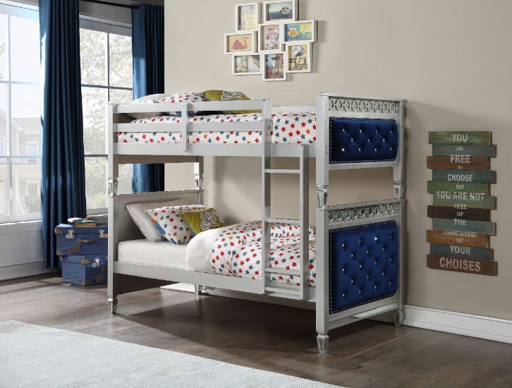 ACME Varian - Twin Over Twin Bunk Bed - Blue Velvet & Silver Finish | Meri Furniture