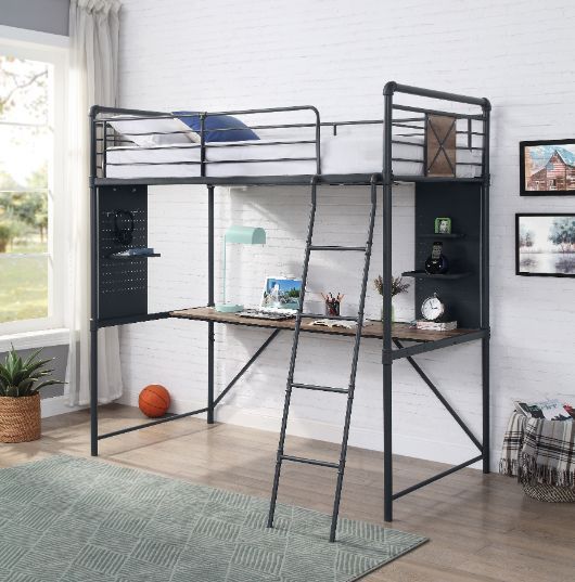 ACME Cordelia - Twin Loft Bed - Antique Oak, Sandy Black & Dark Bronze Hand-Brushed Finish - 78" | Meri Furniture