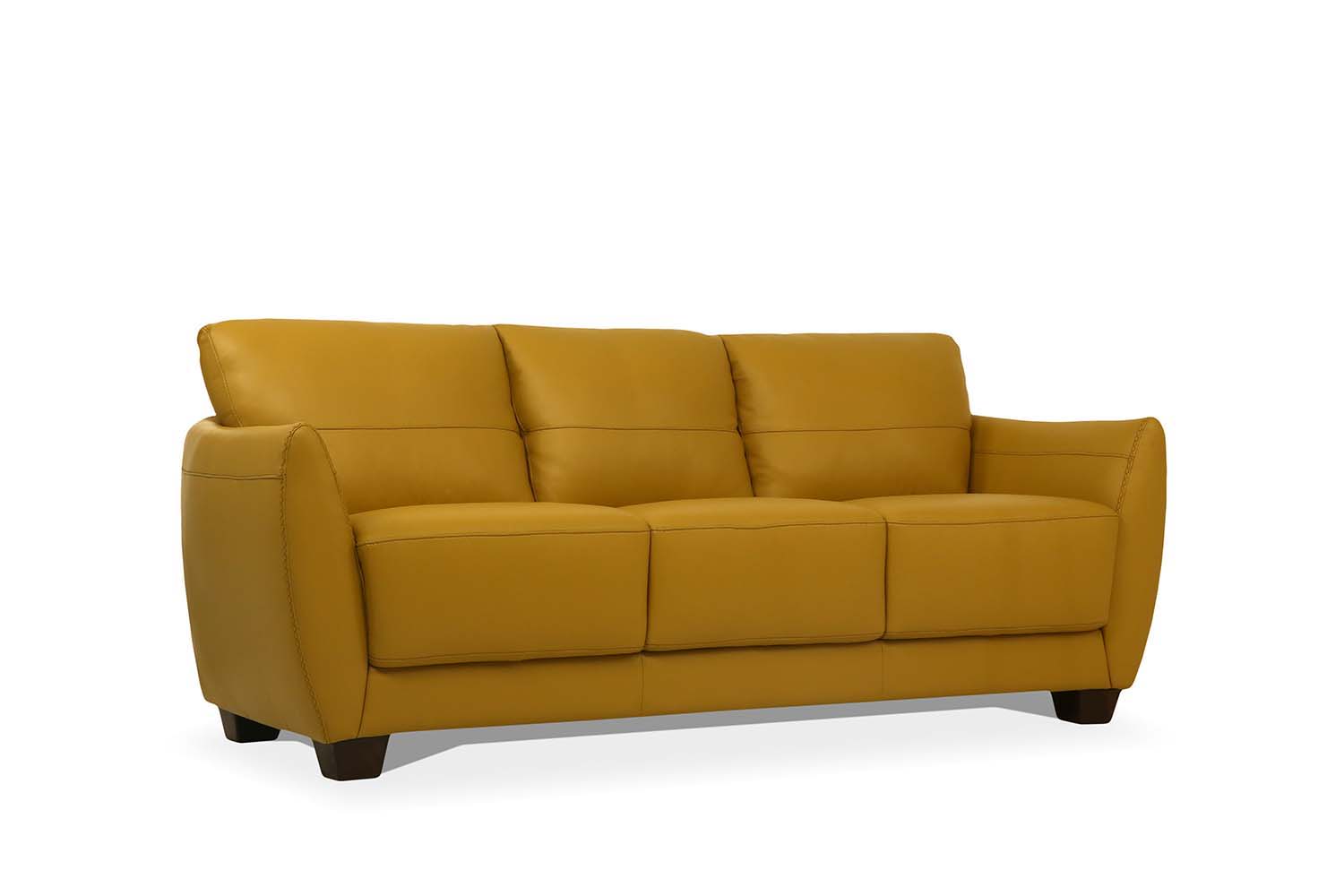 ACME The Valeria sofa set is one you’ll want to spend lots of time in. This beautiful leather sofa features same tone stitching and unique wood block legs. | Meri Furniture