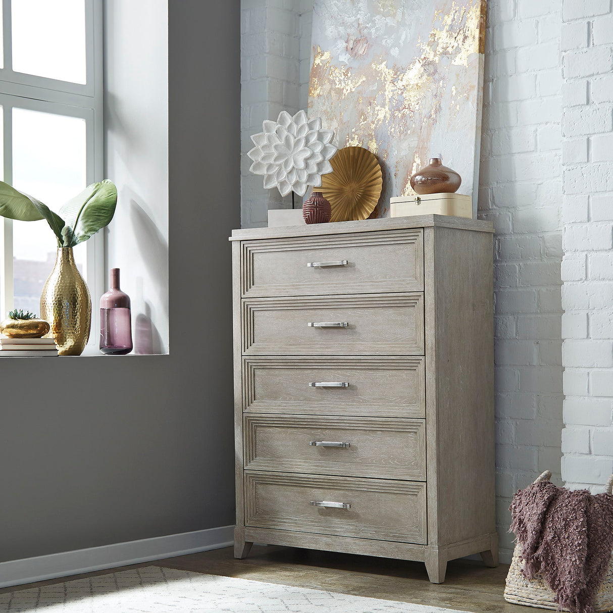 Liberty Furniture Belmar - 5 Drawer Chest - Washed Taupe | Meri Furniture