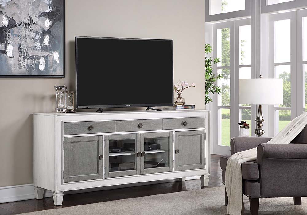 ACME Katia - TV Stand - Rustic Gray & White Finish | Meri Furniture