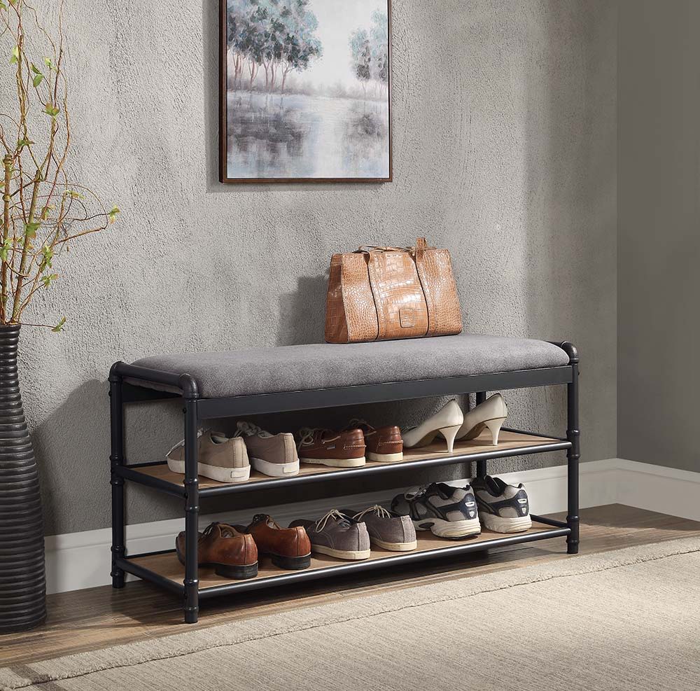 ACME Brantley - Shoe Cabinet - Gray Fabric, Oak & Sandy Black Finish | Meri Furniture
