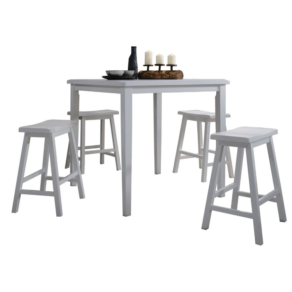 ACME The Gaucho Counter Height Dining Set offers simplicity with a versatility perfect for any small dining space. This set boasts an space saving design, square leg table and four matching saddle style stools. The Table features a Solid Top and square le