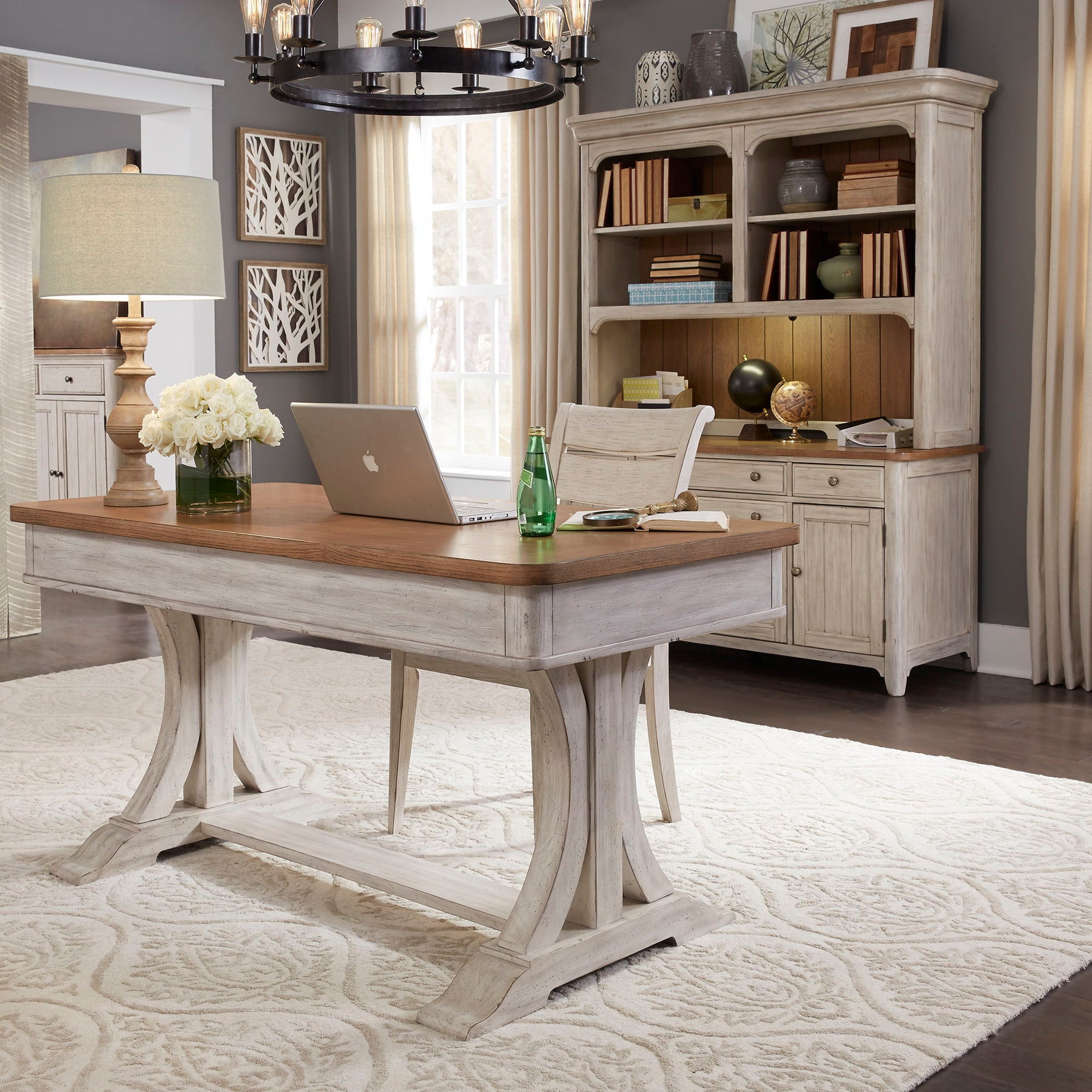 Farmhouse Reimagined - 3 Piece Home Office Set (Desk & Hutch) - Antique White / Chestnut Tops