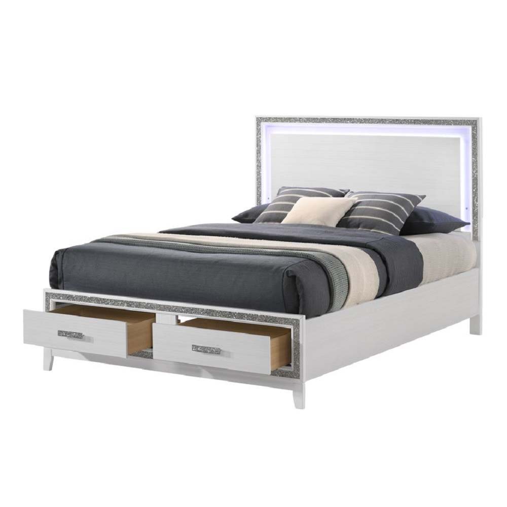 ACME Box Spring Required Panel Headboard w/LED Shimmering Silver Trim Accent Storage Footboard | Meri Furniture