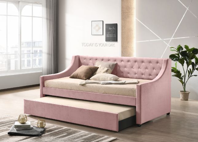 ACME Give your guestroom, living room, or den a convenient and stylish update with the Lianna daybed. This bed's unique fog fabric has antique-inspired details like button tuft upholstery, and sloped armrest to create a charming and timeless look. | Meri