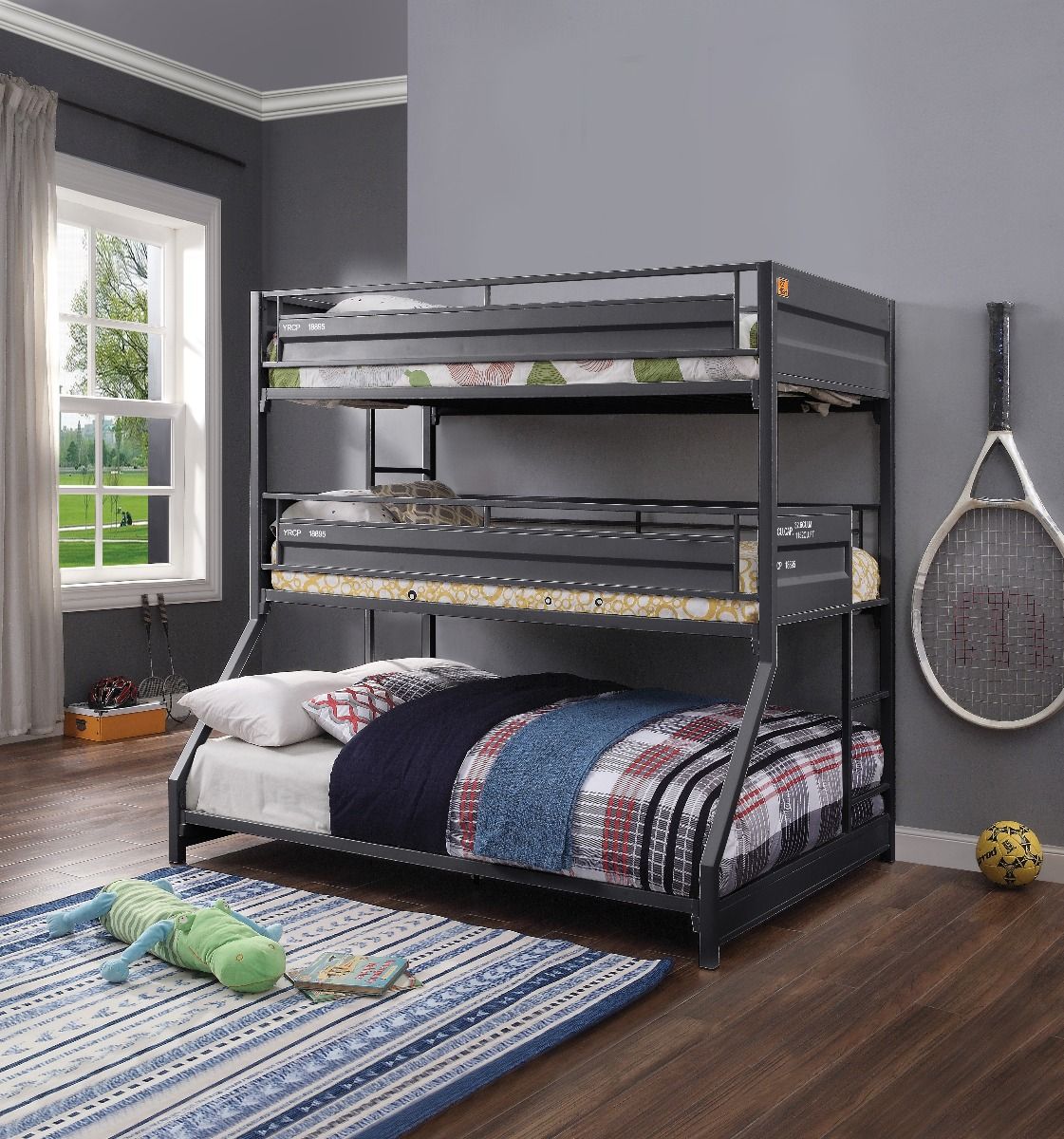 ACME Cargo - Twin Over Twin Over Full Triple Bunk Bed - Gunmetal Finish | Meri Furniture