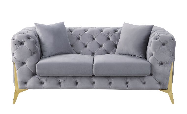 ACME Jelanea - Loveseat - Gray Velvet & Gold Finish - 30" | Meri Furniture
