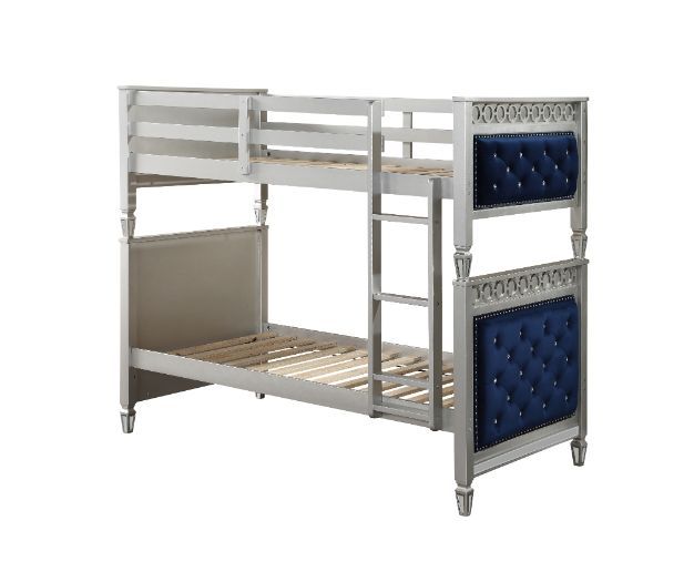 ACME Varian - Twin Over Twin Bunk Bed - Blue Velvet & Silver Finish | Meri Furniture