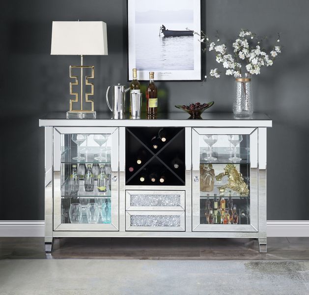 ACME Noralie - Wine Cabinet - Mirrored & Faux Diamonds - 36" | Meri Furniture