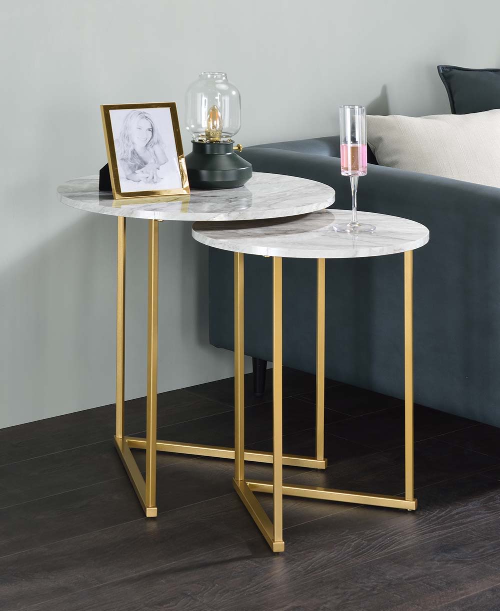 ACME Garo - Accent Table - Faux Marble & Gold Finish - 24" | Meri Furniture