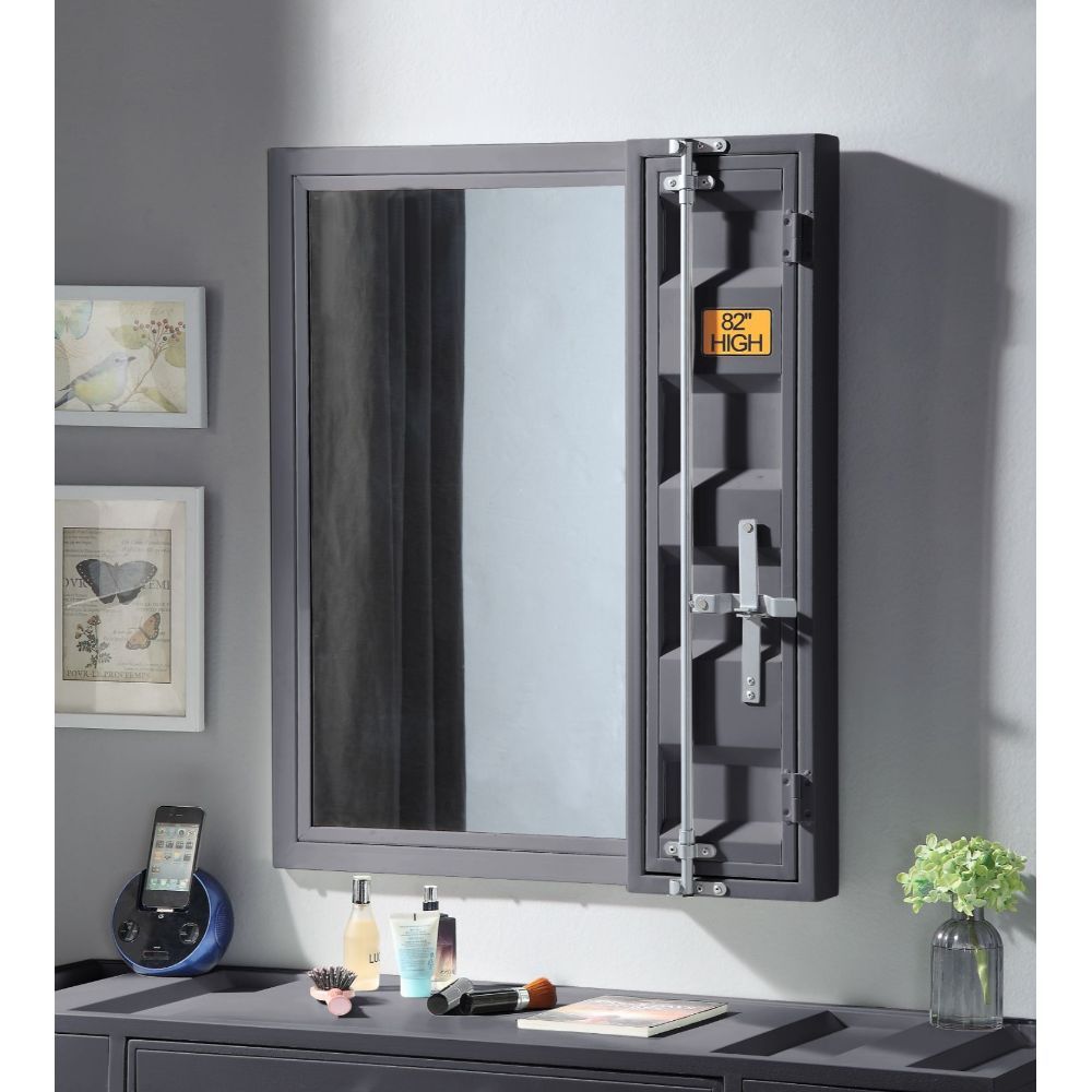 ACME Mirror 5mm • Storage: 1 Door, Full-Length Container Lock • Shape: Rectangular • Orientation: Vertical (Portrait) • Metal Frame: Recessed Panels (Cargo Container Panels), Iron Plate (20 x 70mm), MDF | Meri Furniture