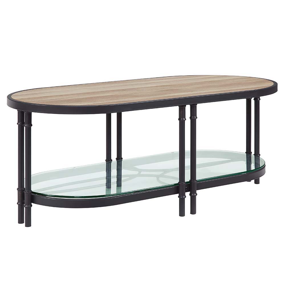 ACME Brantley - Coffee Table - Oak & Sandy Black Finish - Metal - 18" | Meri Furniture
