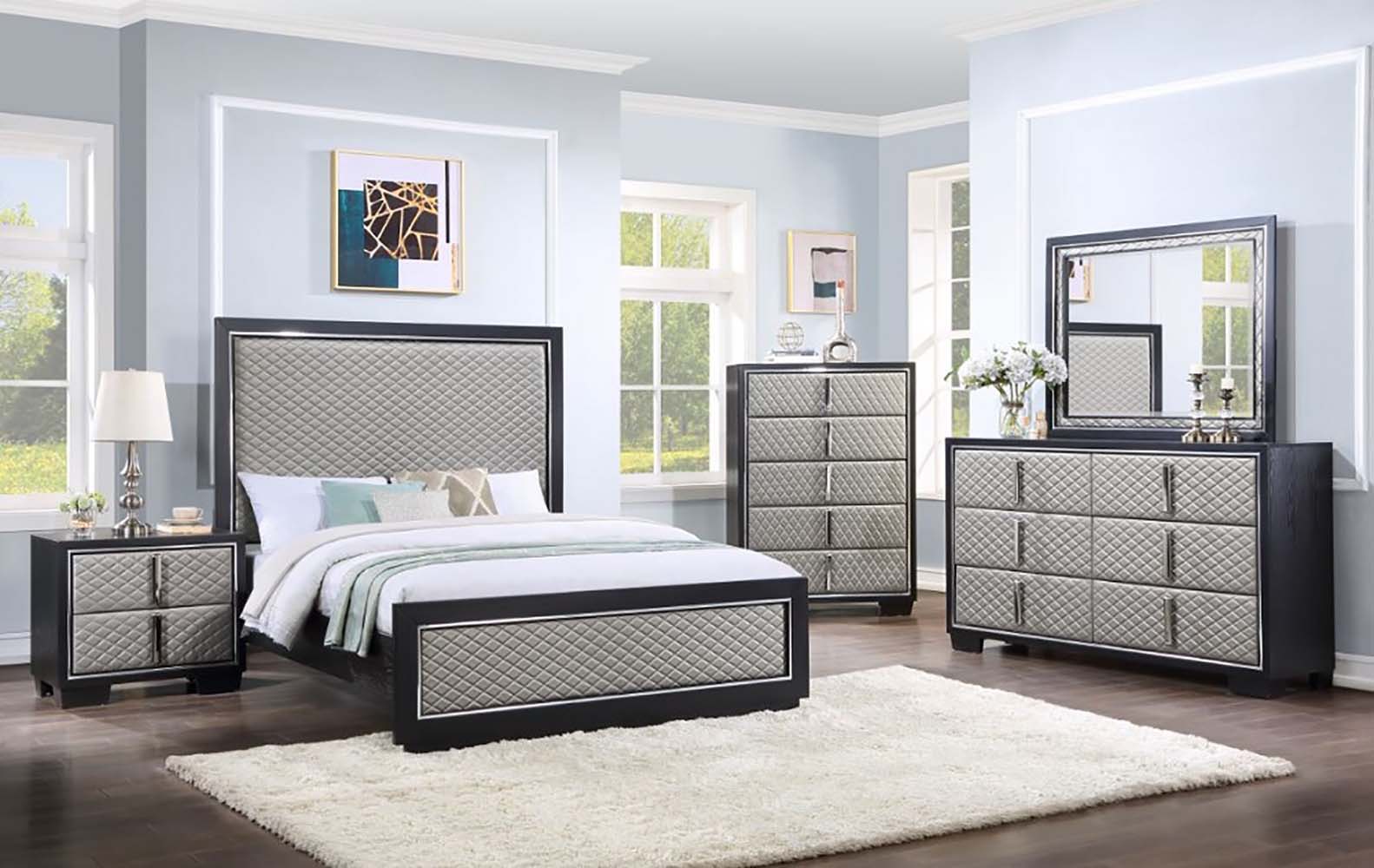 ACME Nicola - Queen Bed - Silver PU & Black Finish | Meri Furniture