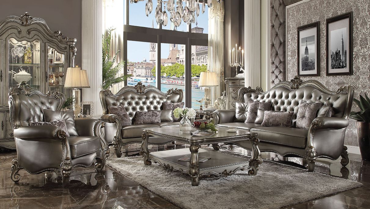 ACME Versailles - Sofa - Silver PU & Antique Platinum | Meri Furniture