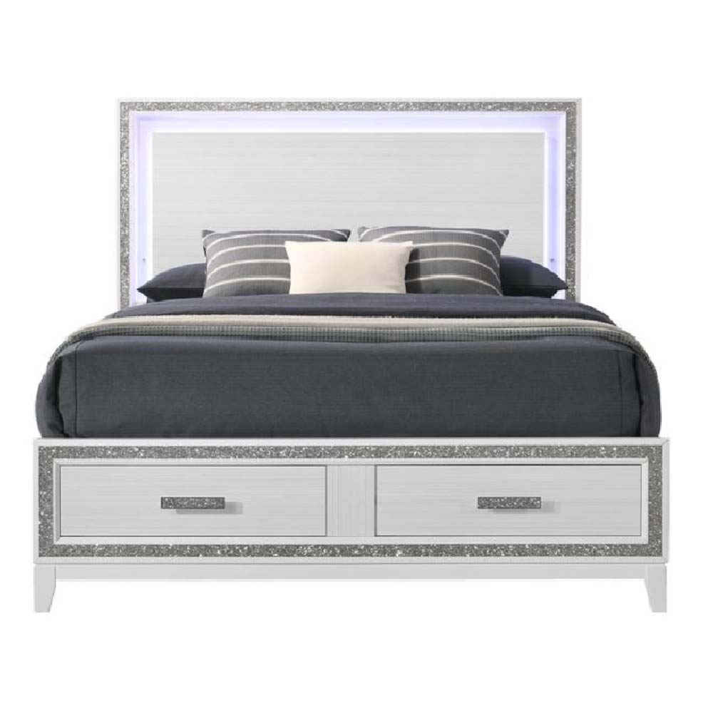 ACME Box Spring Required Panel Headboard w/LED Shimmering Silver Trim Accent Storage Footboard | Meri Furniture