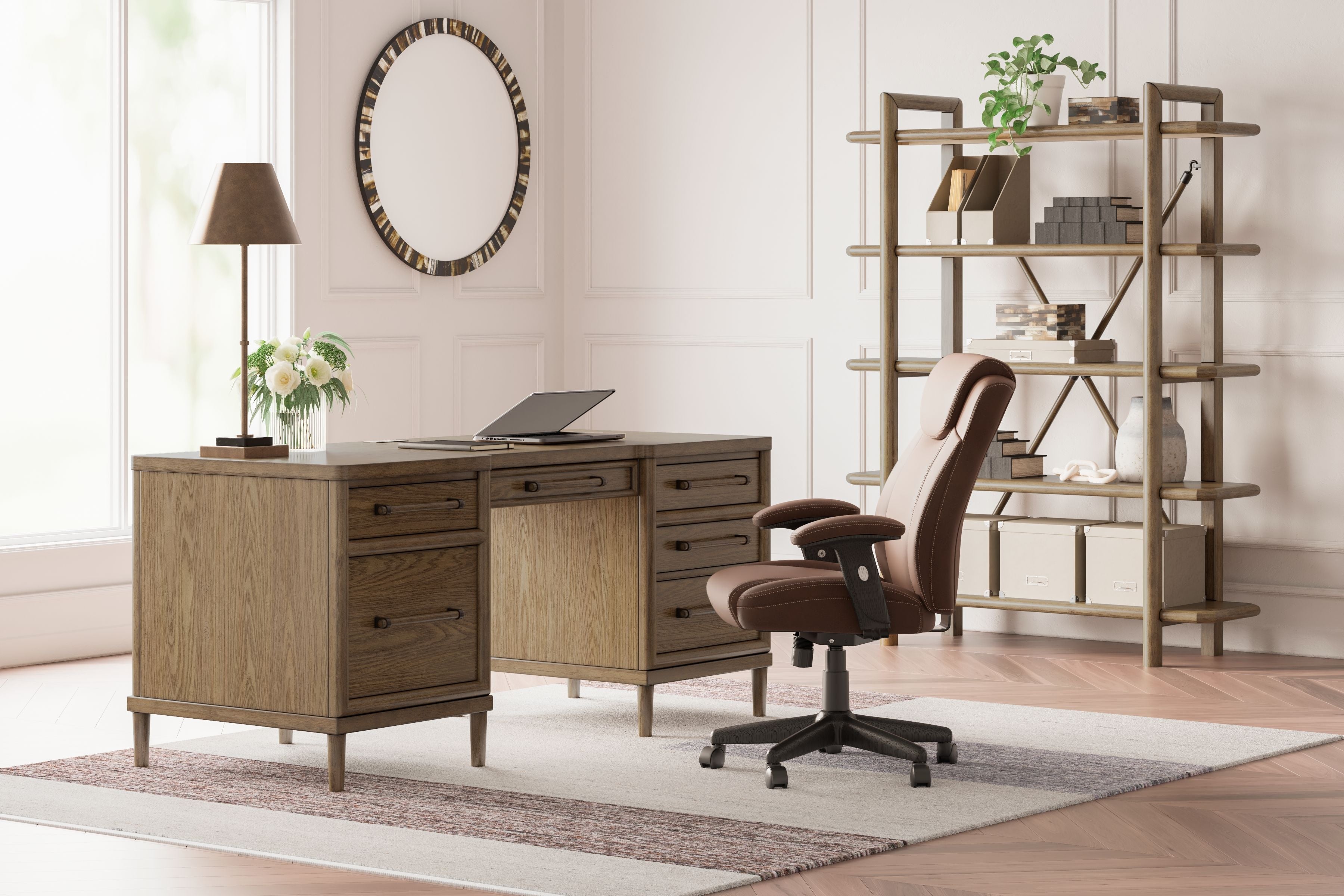Signature Design by Ashley® Roanhowe - Brown - 3 Pc. - Home Office Desk, Bookcase, Swivel Desk Chair | Meri Furniture