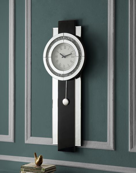 ACME Noralie - Wall Clock - Black, Mirrored & Faux Diamonds | Meri Furniture
