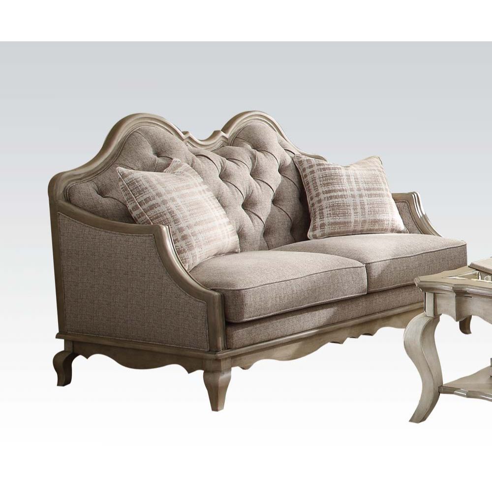 ACME Chelmsford - Loveseat - Beige Fabric & Antique Taupe | Meri Furniture