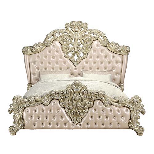 ACME Vatican - Eastern King Bed - PU Leather, Light Gold & Champagne Silver Finish | Meri Furniture