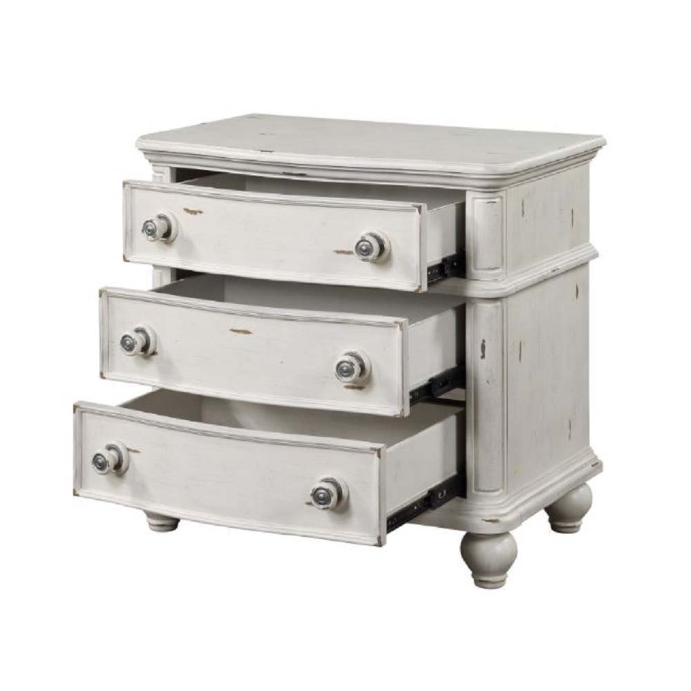 ACME Jaqueline - Nightstand - Light Gray Linen & Antique White Finish | Meri Furniture