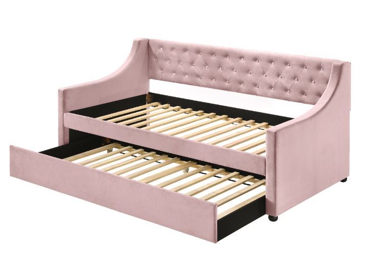 ACME Give your guestroom, living room, or den a convenient and stylish update with the Lianna daybed. This bed's unique fog fabric has antique-inspired details like button tuft upholstery, and sloped armrest to create a charming and timeless look. | Meri