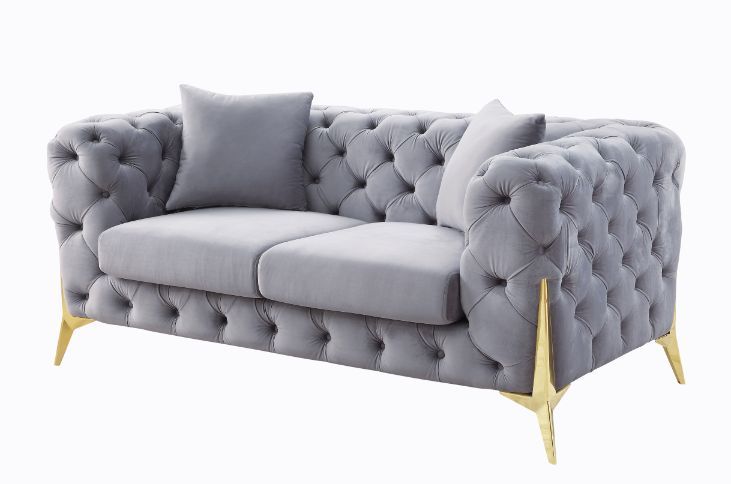 ACME Jelanea - Loveseat - Gray Velvet & Gold Finish - 30" | Meri Furniture