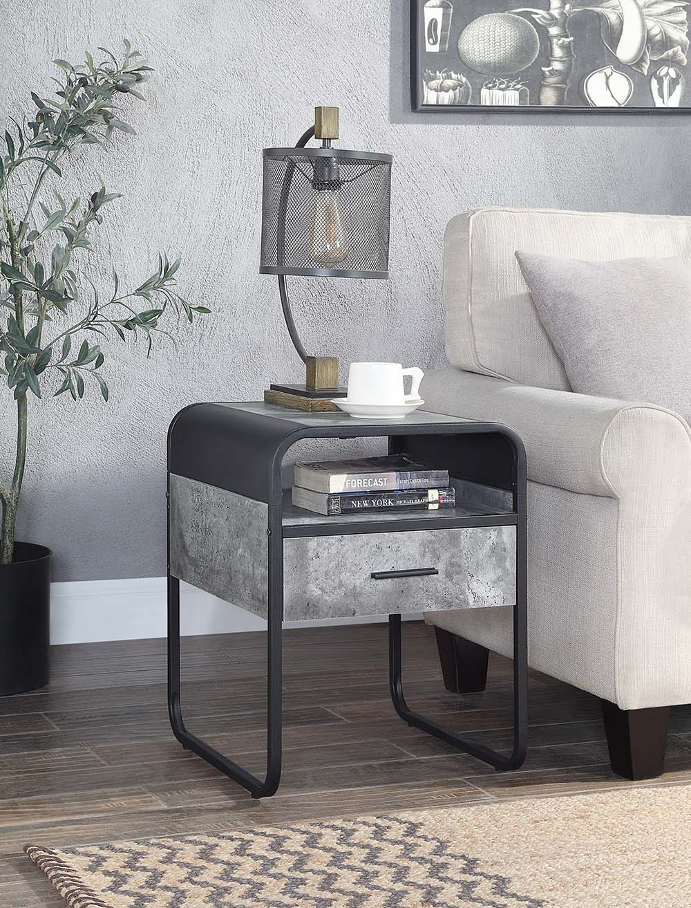 ACME Raziela - End Table - Concrete Gray & Black Finish - 22" | Meri Furniture