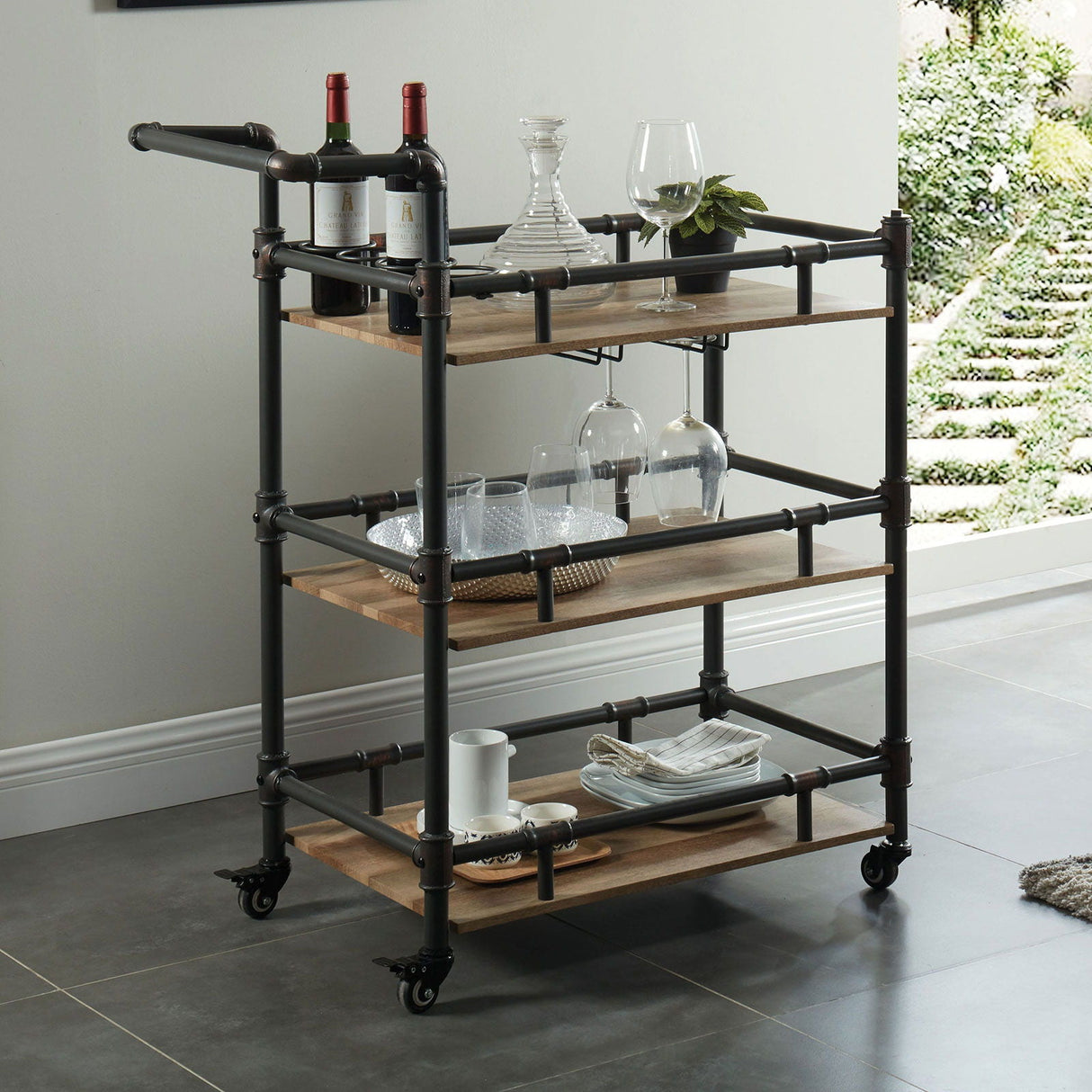 Furniture of America Aylmer - Serving Cart - Antique Black / Oak | Meri Furniture