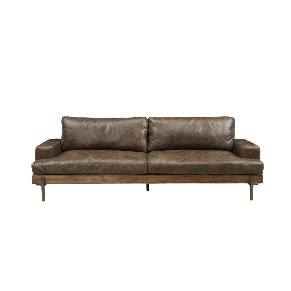 ACME Silchester - Sofa - Oak & Distress Chocolate Top Grain Leather | Meri Furniture
