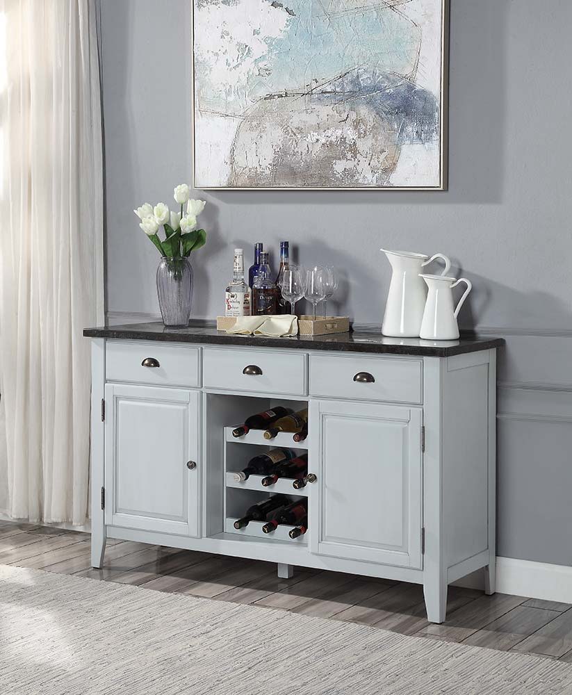 ACME Lanton - Server - Marble & Antique White Finish | Meri Furniture