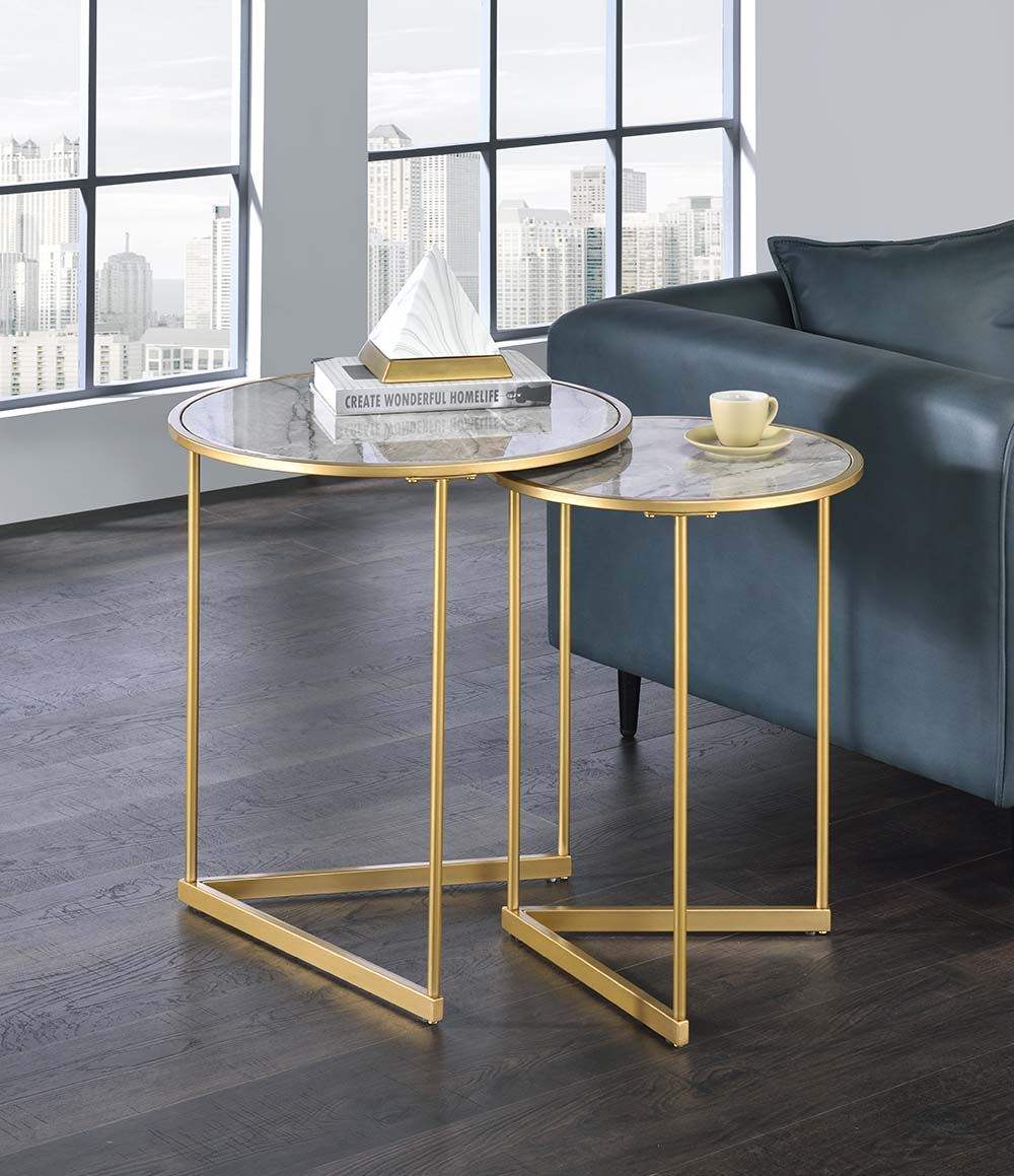ACME Garo - Accent Table - Faux Marble & Gold Finish | Meri Furniture