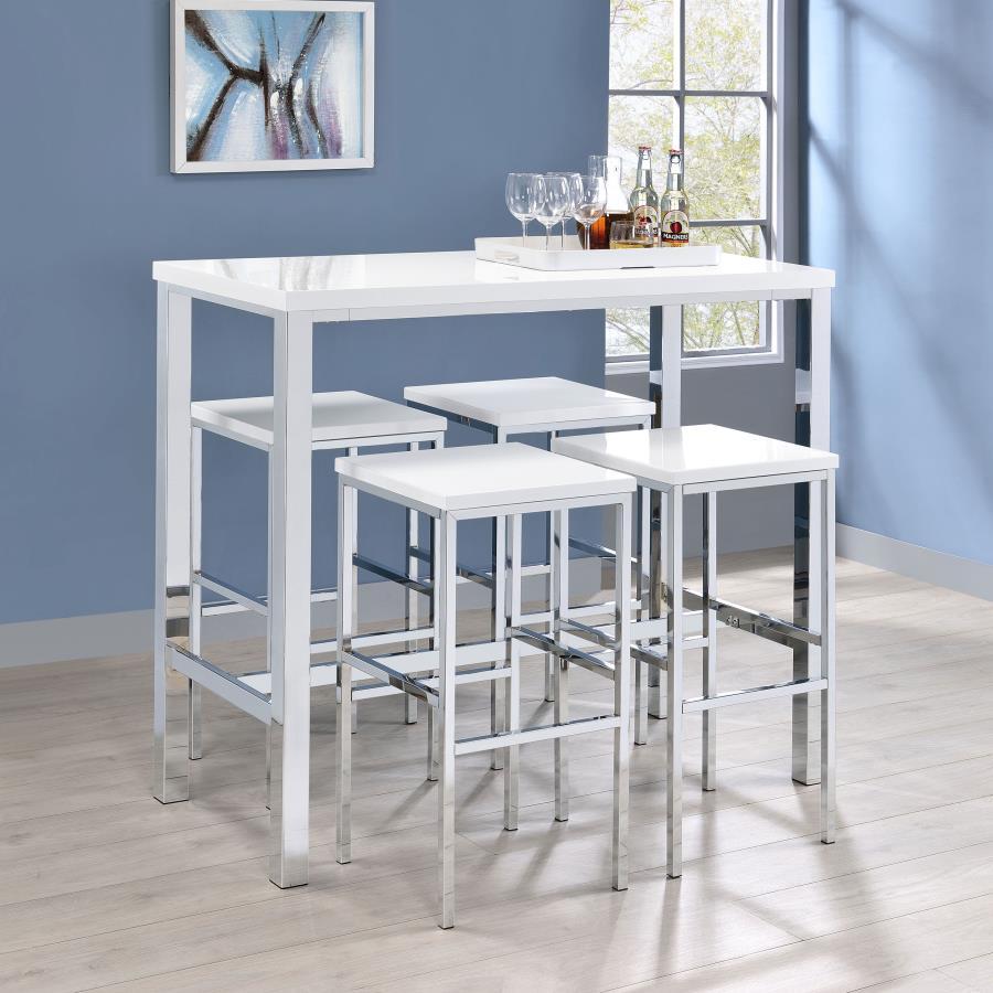Coaster Fine Furniture Natividad - 5 Piece Pub Height Bar Table Set - White High Gloss | Meri Furniture